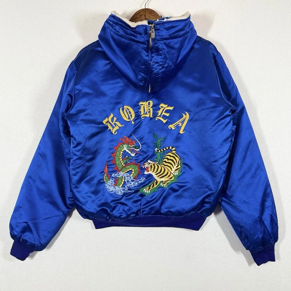 Vintage Sukajan Souvenir Jacket Korea Dragon Tiger Satin Blue Hooded Brad - Picture 1 of 16
